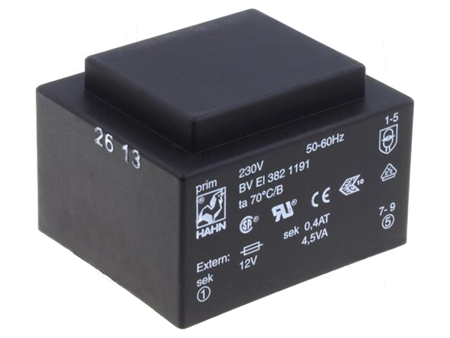 Transformator: ingegoten; 4,5VA; 230VAC; 24V; 187mA; PCB; BVEI Transformator: ingegoten; 4,5VA; 230VAC; 24V; 187mA; PCB; BVEI